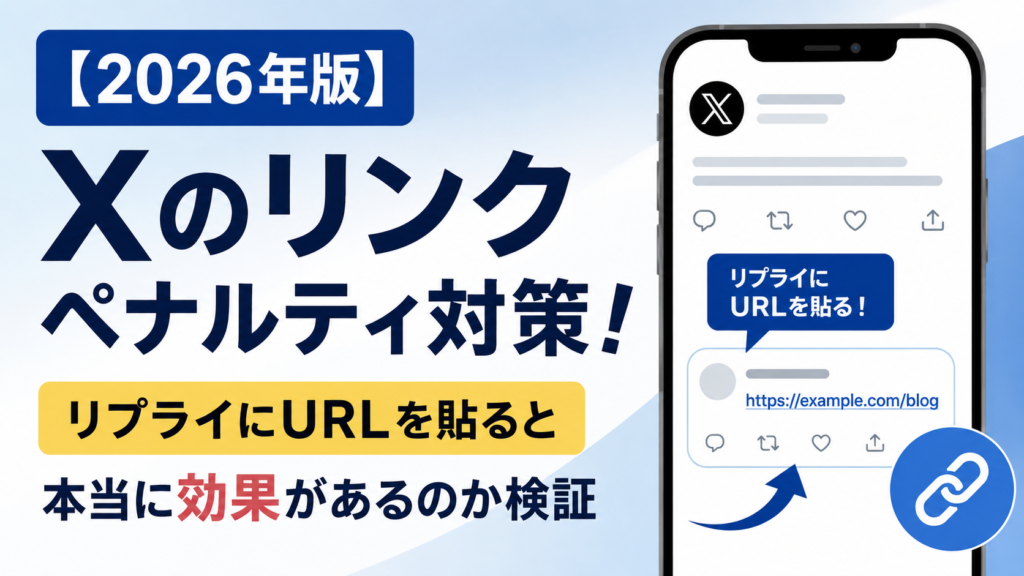 2026年版のX（旧Twitter）リンクペナルティ対策を解説するアイキャッチ画像。スマートフォン画面にXの投稿とリプライ欄のURLを表示し、「リプライにURLを貼ると本当に効果があるのか検証」というテーマを表現している。