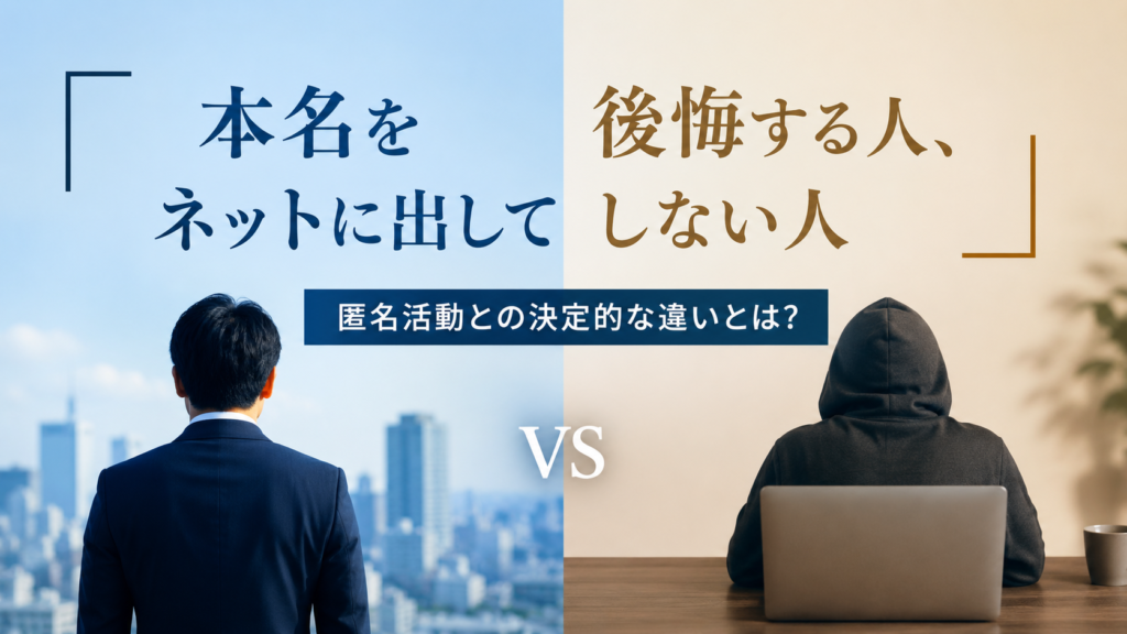 本名をネットで公開する人と匿名で活動する人を比較したイメージ。本名活動と匿名活動のメリット・デメリット、後悔する人としない人の違いを解説する記事のアイキャッチ画像
