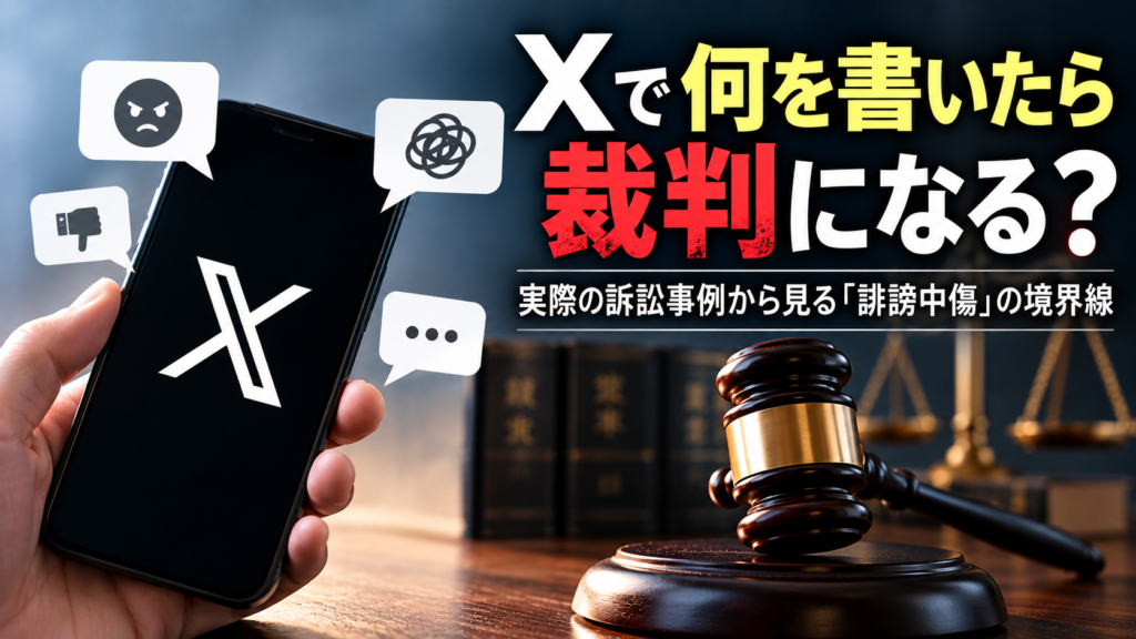 Xのスマートフォンと裁判の木槌を背景に、「Xで何を書いたら裁判になる？」「誹謗中傷の境界線」と表示されたイメージ画像